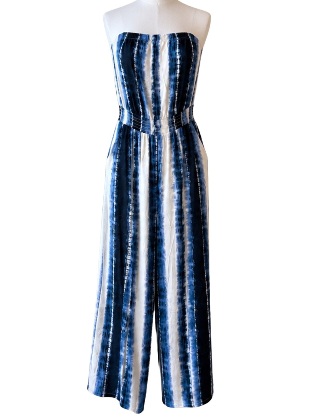 PEYTON JENSEN Striped Blue & White Strapless Jumpsuit EVEREVE